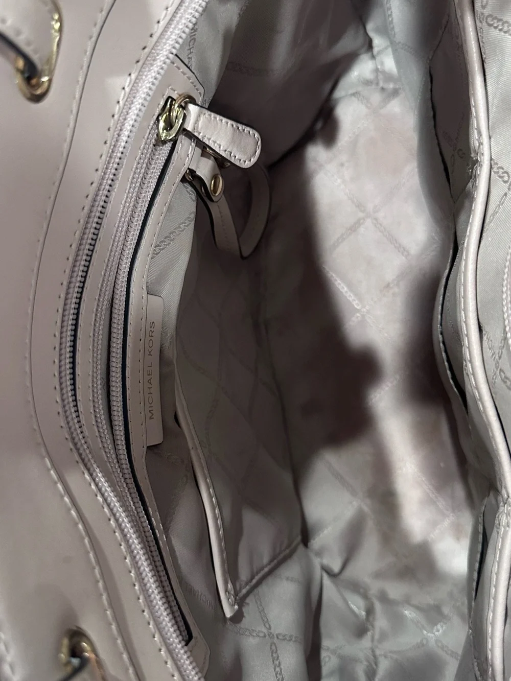 Michael Kors Light Beige Signature MK Pocket Tote with Pink Trim